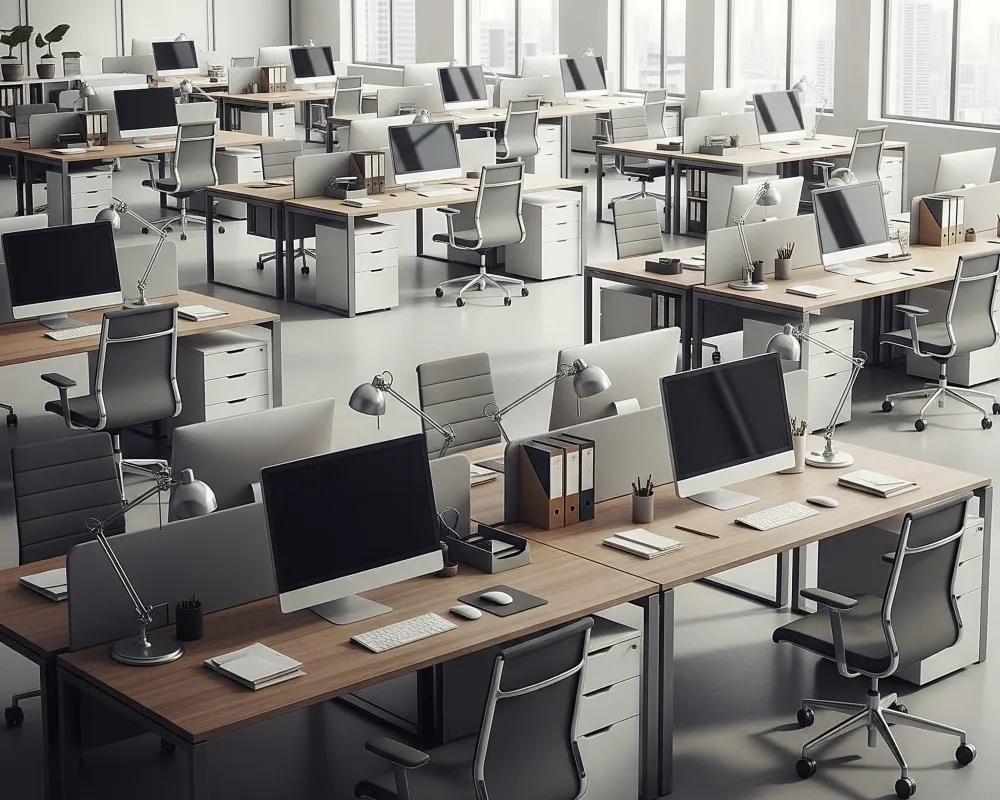 Hay muchos muebles de oficina dentro de una habitaci贸n, hay muchos escritorios, sillas y archiveros juntos