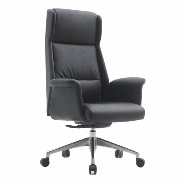 Silla ejecutiva Sharper, está acolchonada del respaldo y el asiento, está volteando al lado izquierdo, es de color negro