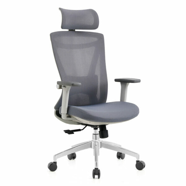 Silla ejecutiva Corinto, es gris, está volteando de lado izquierdo, tiene soporte extra en la cabecera