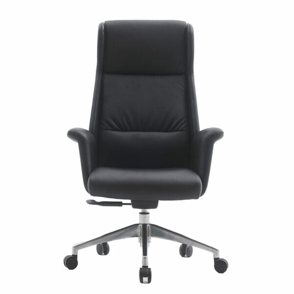 Silla ejecutiva Sharper, es de color negro, está viendo de frente, está acolchonada de la espalda y el asiento