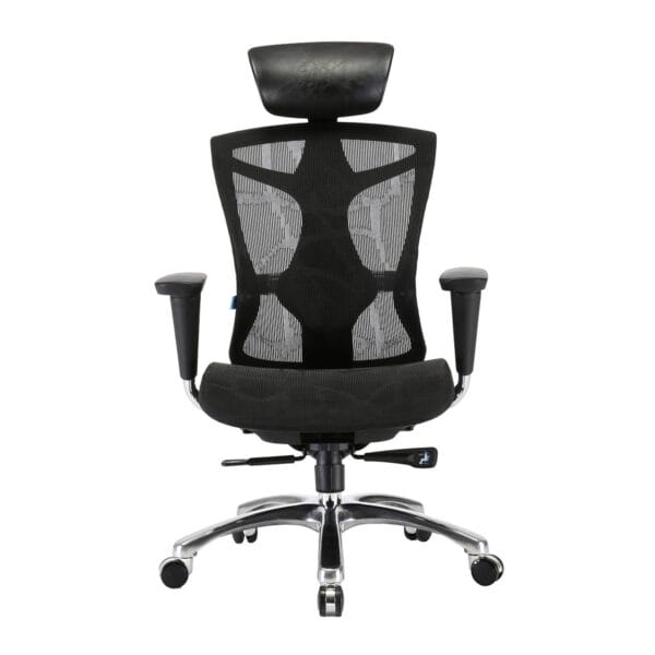 Silla ejecutiva Eirene, esta viendo de frente en su totalidad, es de color negro, esta acolchonada del asiento
