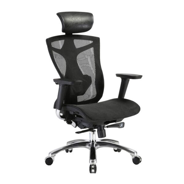 Silla ejecutiva Eirene, es de color negro, esta volteando al lado izquierdo, con soporte en la cabecera