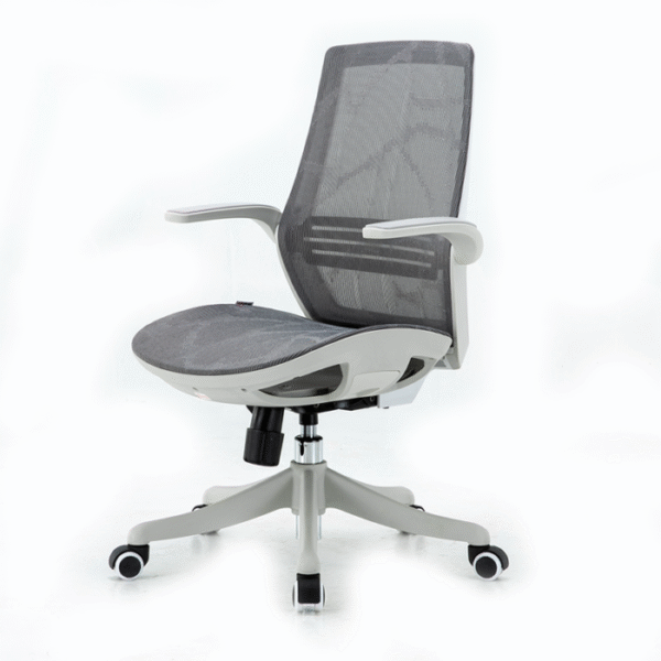 Silla ejecutiva Alëxhia, esta volteado a la izquierda, es de color gris con blanco, está reforzada