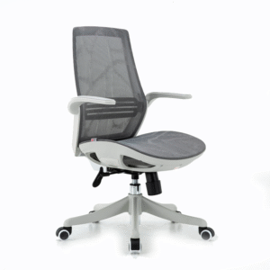 Silla ejecutiva Alëxhia, está viendo ligeramente a la izquierda, está reforzada en el asiento y el respaldo, es blanca con gris