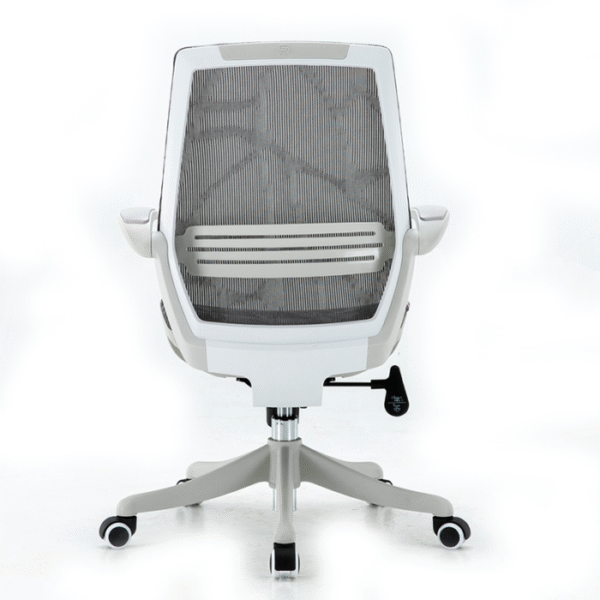 Silla ejecutiva Alëxhia, está de espaldas, se ve que está reforzada, es de color blanco y gris