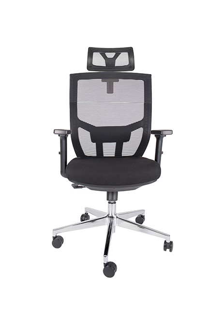 Silla ejecutiva Atkin N, está viendo de frente, es de color negro, con refuerzo en la cabecera y asiento acolchonado