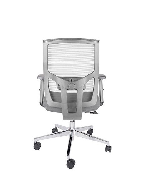 Silla ejecutiva Atkin sc, está en su totalidad, está volteada, se ve el respaldo, está reforzado y es de color gris