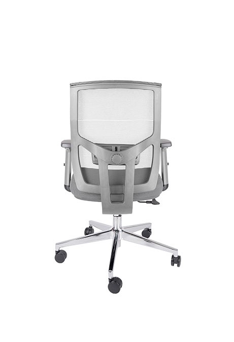 Silla ejecutiva Atkin sc, está en su totalidad, está volteada, se ve el respaldo, está reforzado y es de color gris