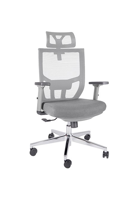 Silla ejecutiva Atkin, está volteando ligeramente a la izquierda, se ve el asiento acolchonado, es gris claro