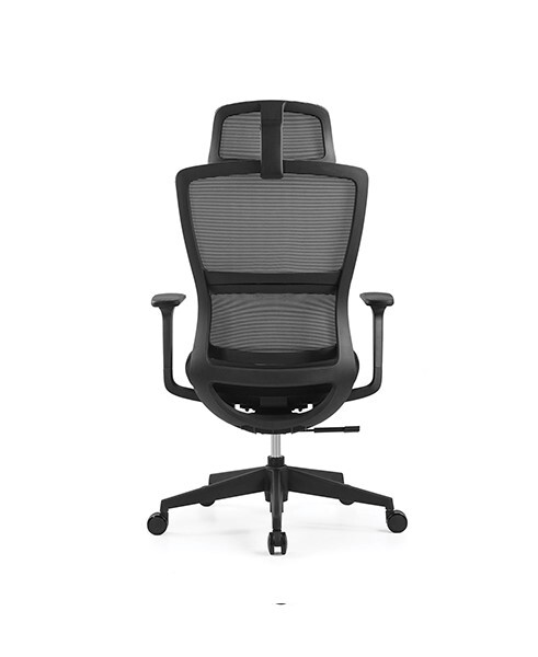 Silla ejecutiva Adlyn, está volteada en su totalidad, tiene un refuerzo en el respaldo, es de color negro