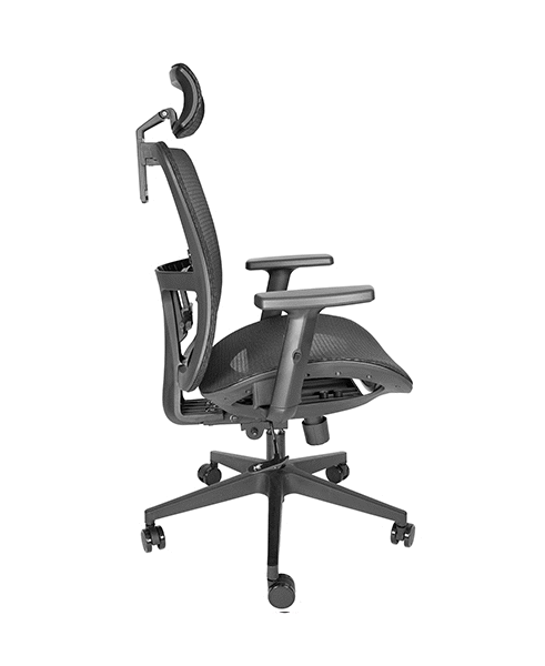 Sillón ejecutivo Corpus, está viendo totalmente de lado izquierdo, está reforzado de la cabecera y es negro