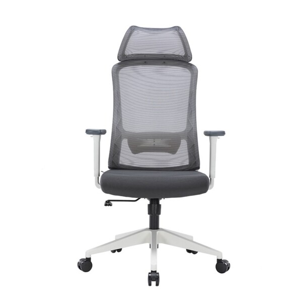 Silla ejecutiva Guilherme blanca, está de frente, se ve el asiento acolchonado, es de color gris oscuro