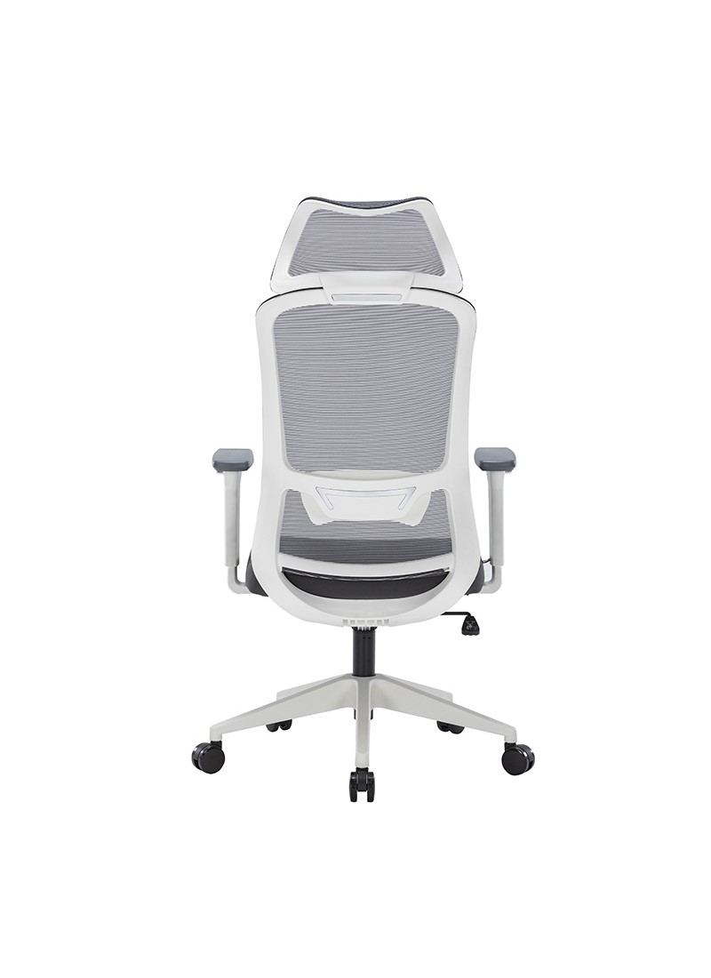 Silla ejecutiva Guilherme blanca, está volteada, el respaldo está reforzado y es de color blanco