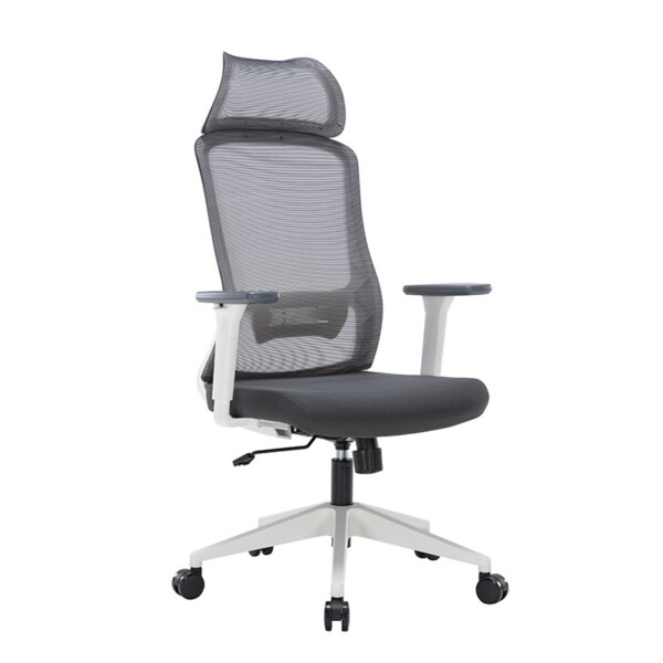 Silla ejecutiva Guilherme blanca, está viendo de lado derecho, con refuerzo en la espalda y asiento acolchonado, de color gris oscuro