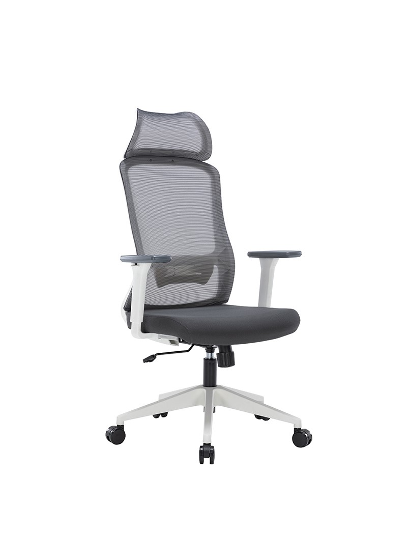 Silla ejecutiva Guilherme blanca, está viendo de lado derecho, con refuerzo en la espalda y asiento acolchonado, de color gris oscuro