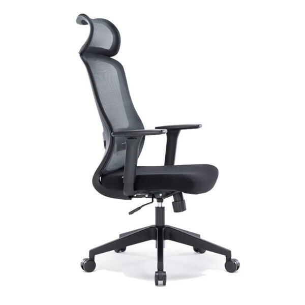Silla ejecutiva Guilherme negro, está viendo a la izquierda, tiene asiento acolchonado y cabecera reforzada