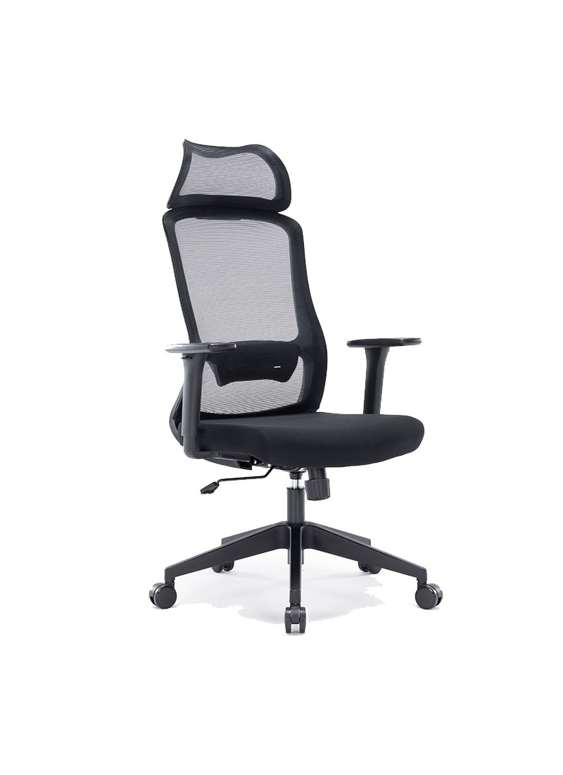 Silla ejecutiva Guilherme negro, está volteando a la derecha, es de color negro y tiene asiento acolchonado