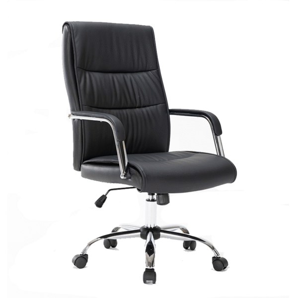 Silla ejecutiva Khöral, está viendo del lado derecho, está acolchonada del respaldo y el asiento, es de color negro