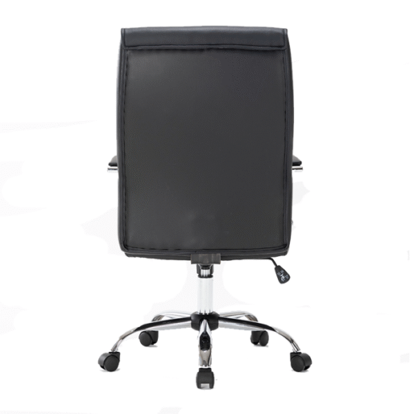 Silla ejecutiva Khöral, está volteada en su totalidad, es de color negro, acolchonada