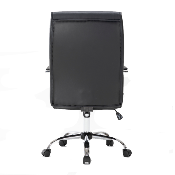 Silla ejecutiva Khöral, está volteada en su totalidad, es de color negro, acolchonada