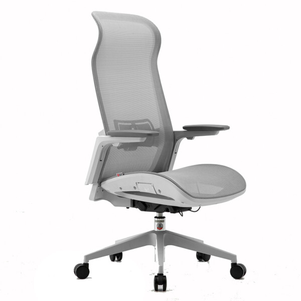 Silla ejecutiva Luciana, está volteada a la izquierda, es de color gris claro, reforzada del asiento y respaldo