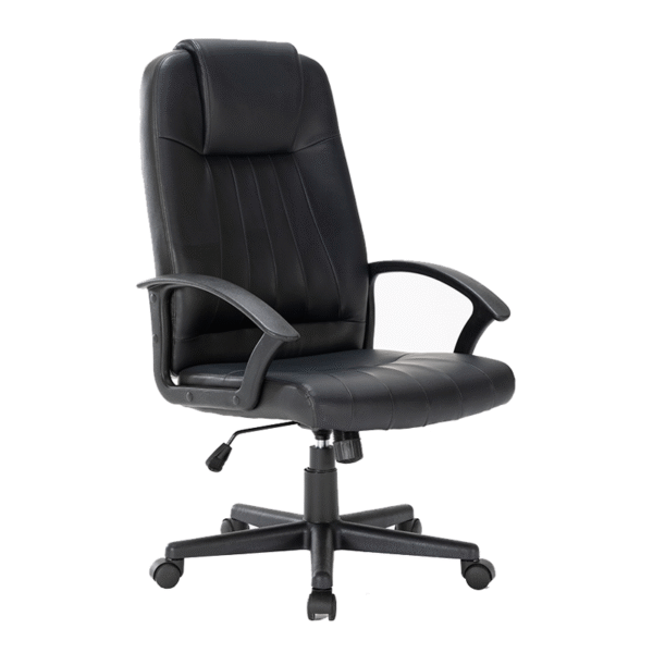 Silla ejecutiva Torhnes, está volteada viendo a la derecha, es de color negro, con asiento y cabecera acolchonada