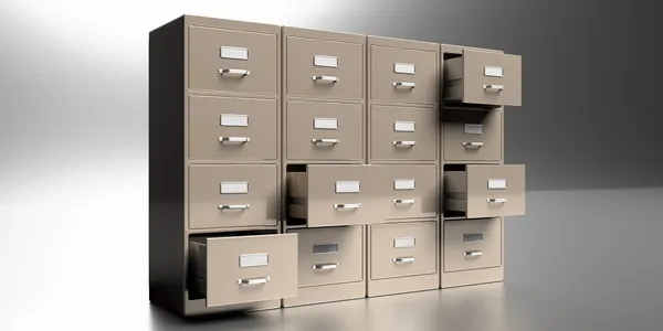 Un archivero para oficina, es metalico, tiene distintos cajones, se puede acomodar de manera vertical y horizontal