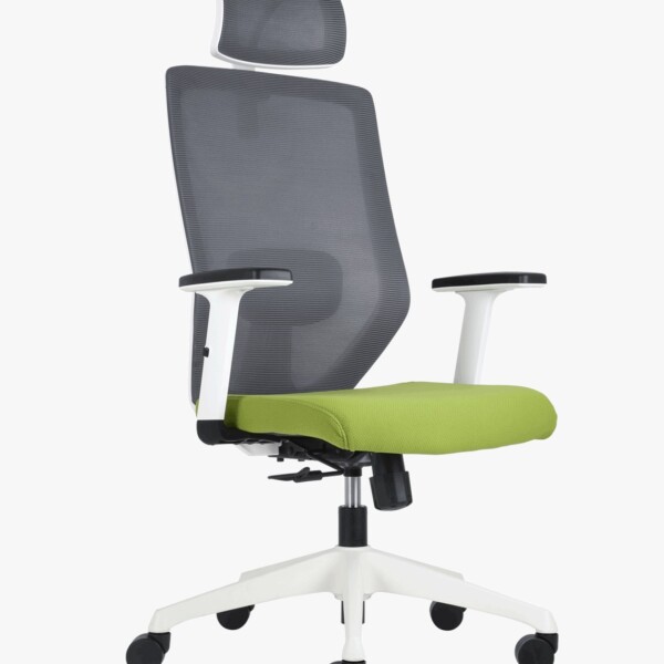 Sillón ejecutivo Costy, es negro con blanco, tiene un asiento acolchonado que es de color verde y está volteando al lado izquierdo