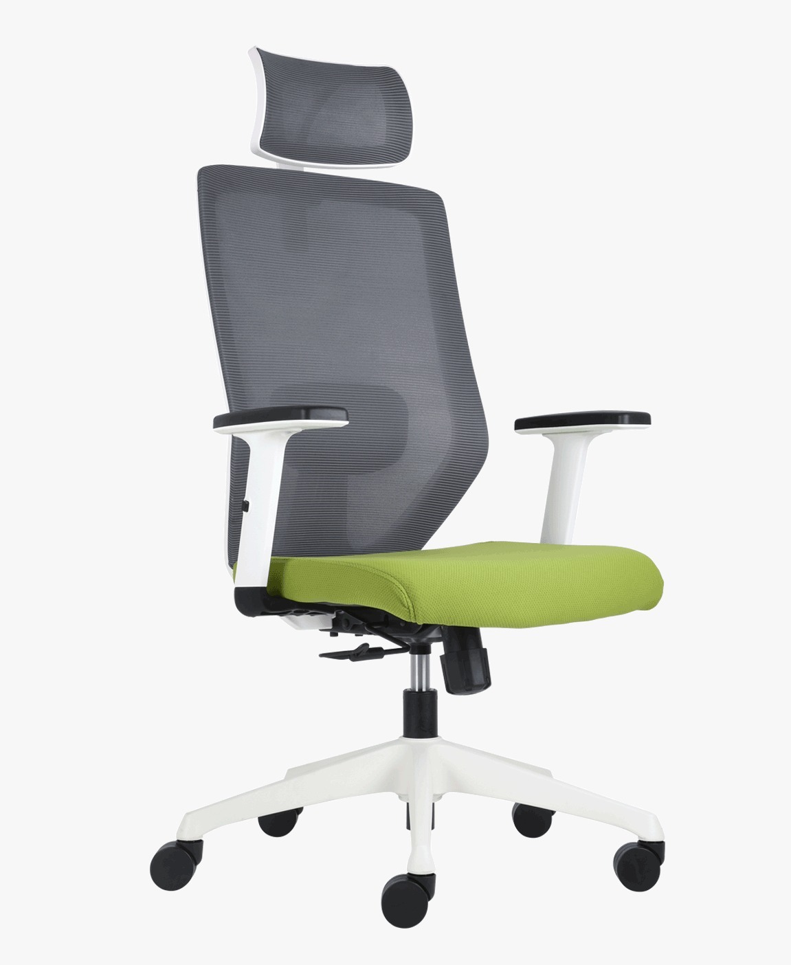 Sillón ejecutivo Costy, es negro con blanco, tiene un asiento acolchonado que es de color verde y está volteando al lado izquierdo