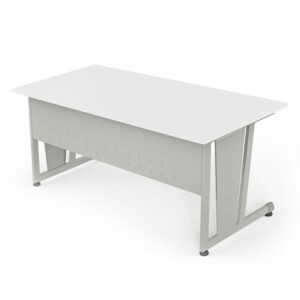 Escritorio 117 color blanco, está de lado, sin nada encima