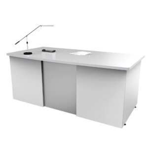 Escritorio 145 color blanco, está viendo de lado izquierdo, tiene una lámpara encima