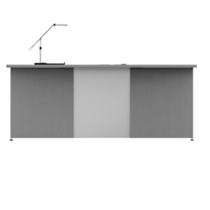 Escritorio 145 color ceniza, el escritorio está viendo de frente, con una lámpara encima