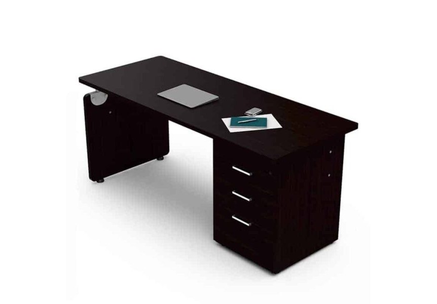 chocolate-4-2.jpg Escritorio 716 con cajonera color chocolate, está de lado izquierdo, con papeles encima