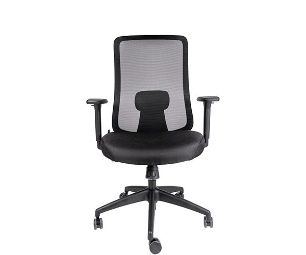 Silla ejecutiva Rommel negro, se ve por atrás la silla, está volteada en su totalidad, tiene soporte en la espalda y es de color negro