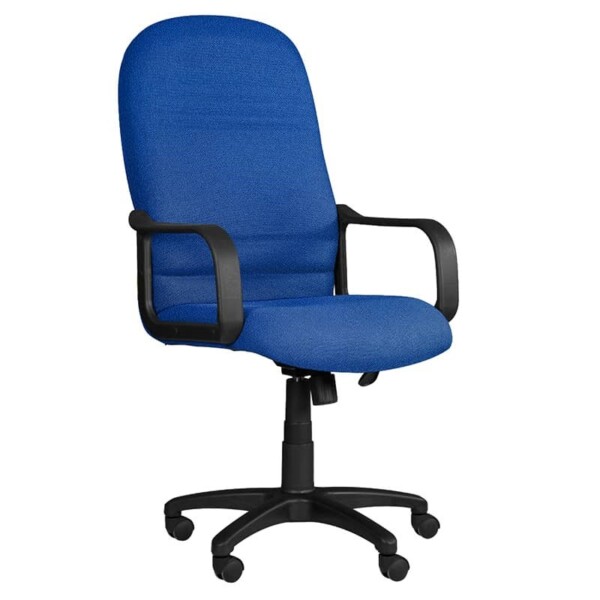 Silla ejecutiva Spazio electrico, está volteada del lado derecho, está acolchonada y es de color azul