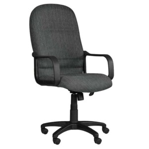 Silla ejecutiva Spazio Gris nb, está de lado volteando a la derecha, con asiento acolchonado
