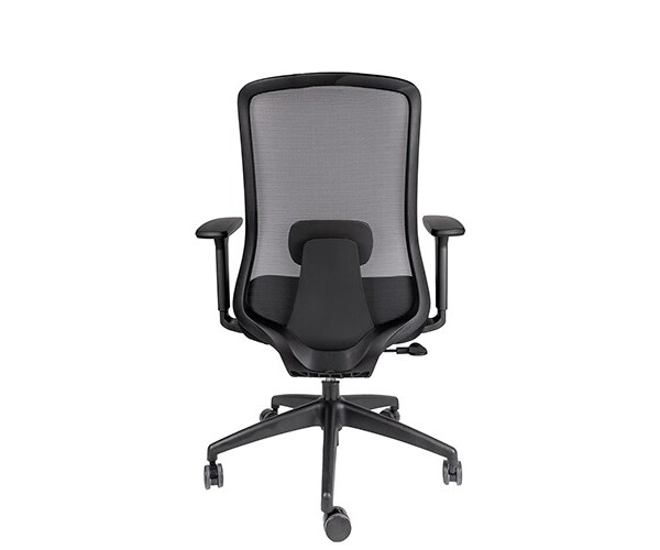 Silla ejecutiva Rommel negro, se ve por atrás la silla, está volteada en su totalidad, tiene soporte en la espalda y es de color negro