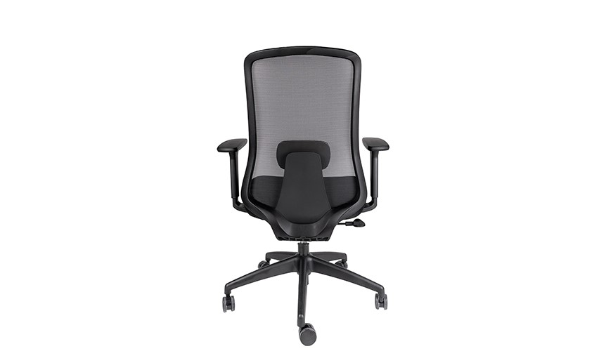 Silla ejecutiva Rommel negro, se ve por atrás la silla, está volteada en su totalidad, tiene soporte en la espalda y es de color negro