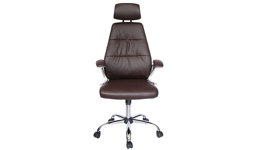 Silla ejecutiva Milan, está viendo de frente, está acolchonada del respaldo y el asiento, es de color café