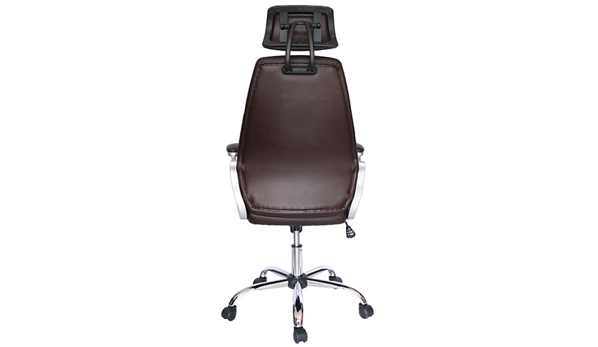 Silla ejecutiva Milan, está volteada totalmente, se ve el respaldo, está acolchonado, es de color café