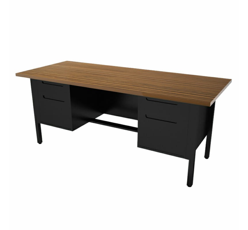 negro-1-3-1.jpg Escritorio metálico 1.82 dos pedestales color negro, se ve el escritorio de frente, tiene la cubierta de madera