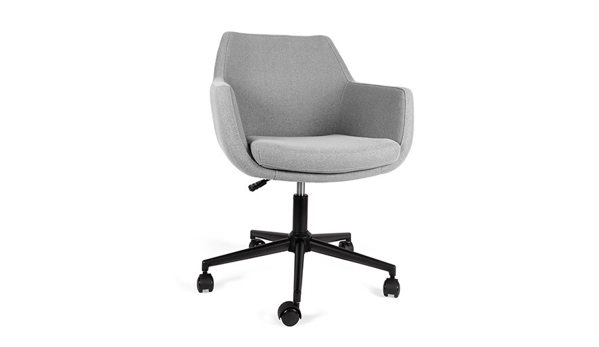 Sillón ejecutivo Fallaci, está viendo de lado izquierdo, es de color gris y tiene un cojín en el apoyo de abajo